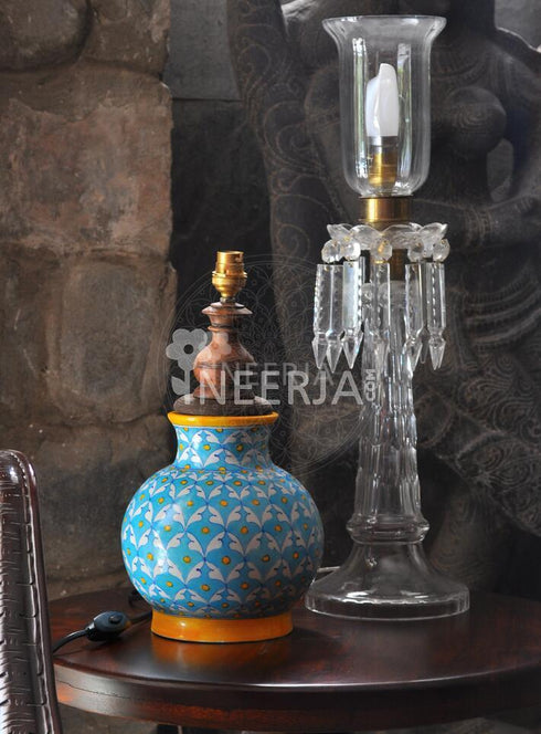 White Leaves and Yellow Dots with Turquoise Color Table Lamp (Without Lampshade)